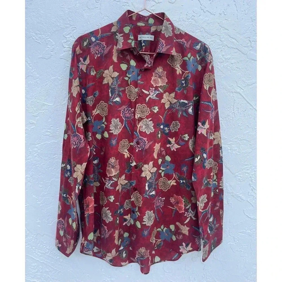 ETRO Womens Long Sleeve Collared Button Up Floral Shirts Red Sz 42 - Picture 1 of 12